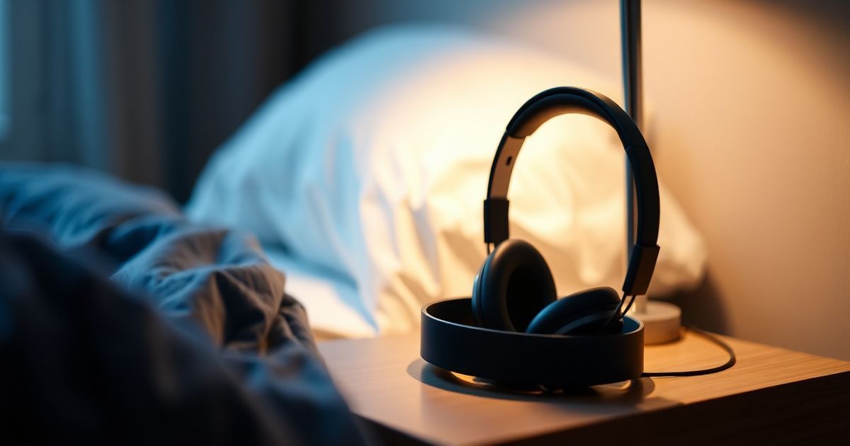 Headphones on nightstand — evening sleep ritual with 852 Hz frequency