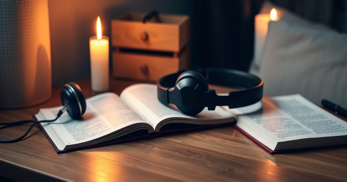 Headphones beside a candle and journal — evening 963 Hz meditation ritual