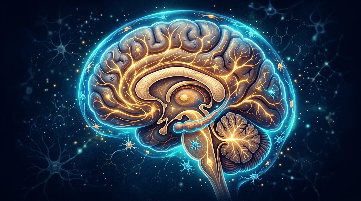 Human brain cross-section with glowing neural pathways — allicin neuroprotective effects on brain tissue
