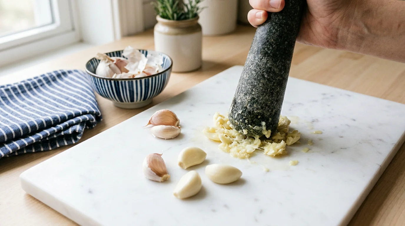 Raw garlic cloves being crushed on clean white marble surface — allicin activation preparation protocol