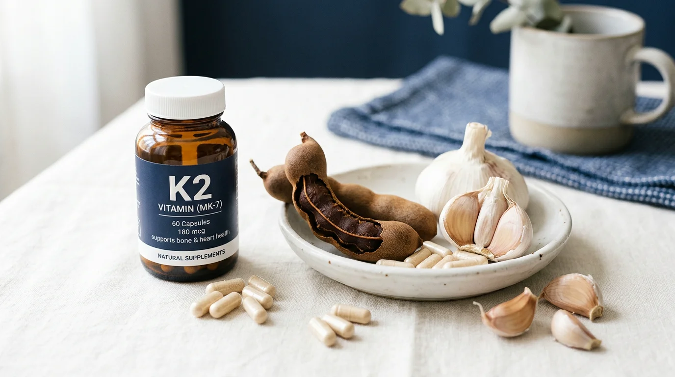 Supplement capsules and natural botanicals arranged on clean surface — K2, tamarind, garlic multi-mechanism protocol