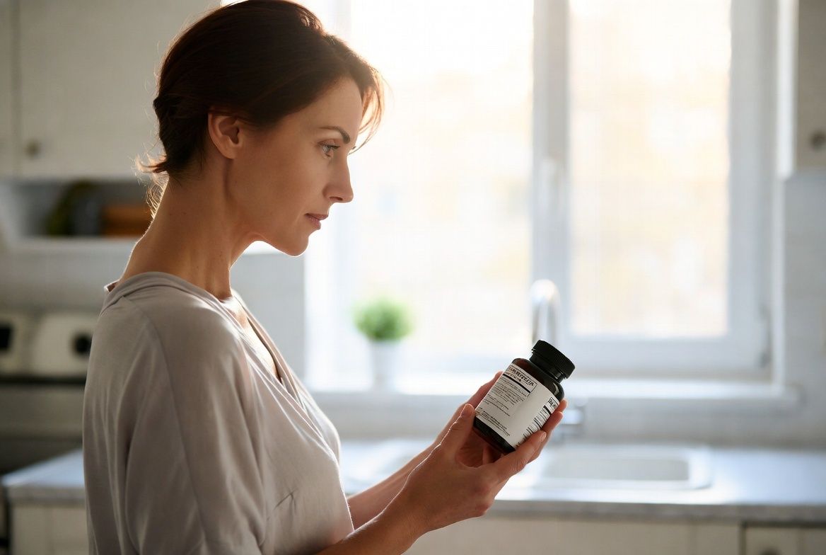 American woman carefully reading supplement label — analytical editorial