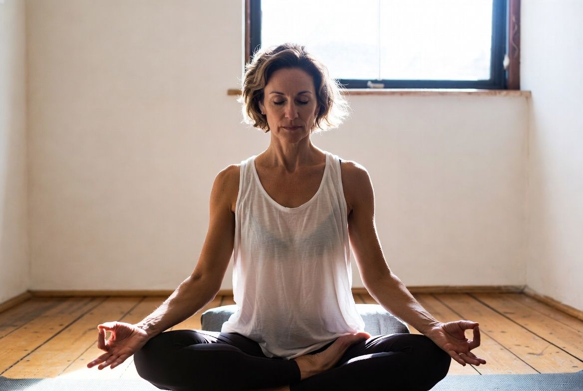 American woman meditating peacefully by window — wellness editorial