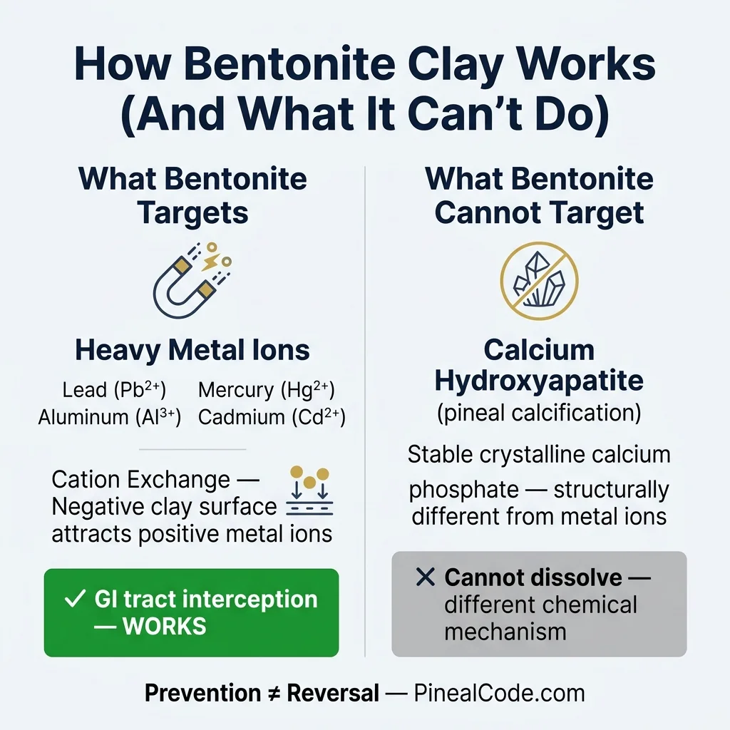 Diagram showing bentonite clay cation exchange mechanism binding lead and aluminum ions in the GI tract before absorption