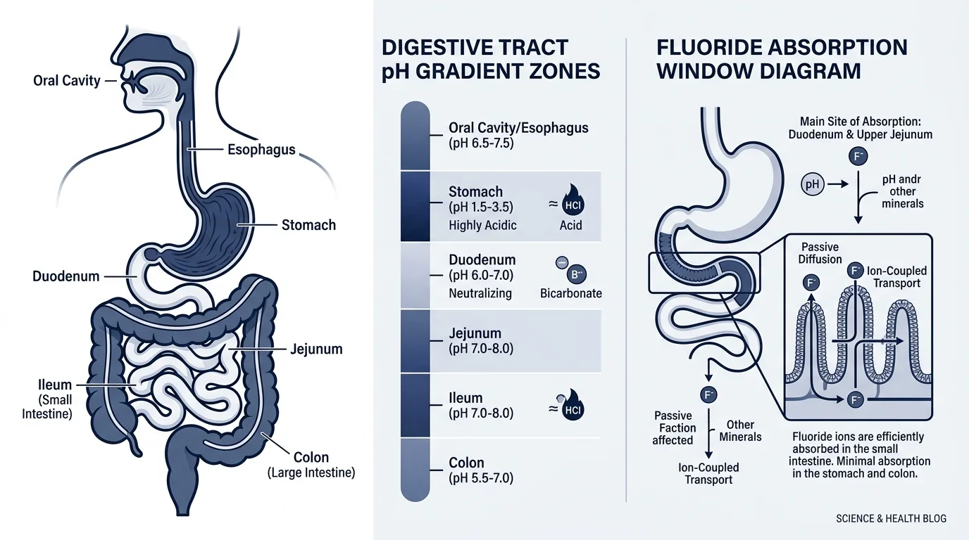 Chart showing bentonite clay fluoride adsorption efficiency at different pH levels — optimal at pH 3 (stomach), drops at pH 6-7 (intestine)