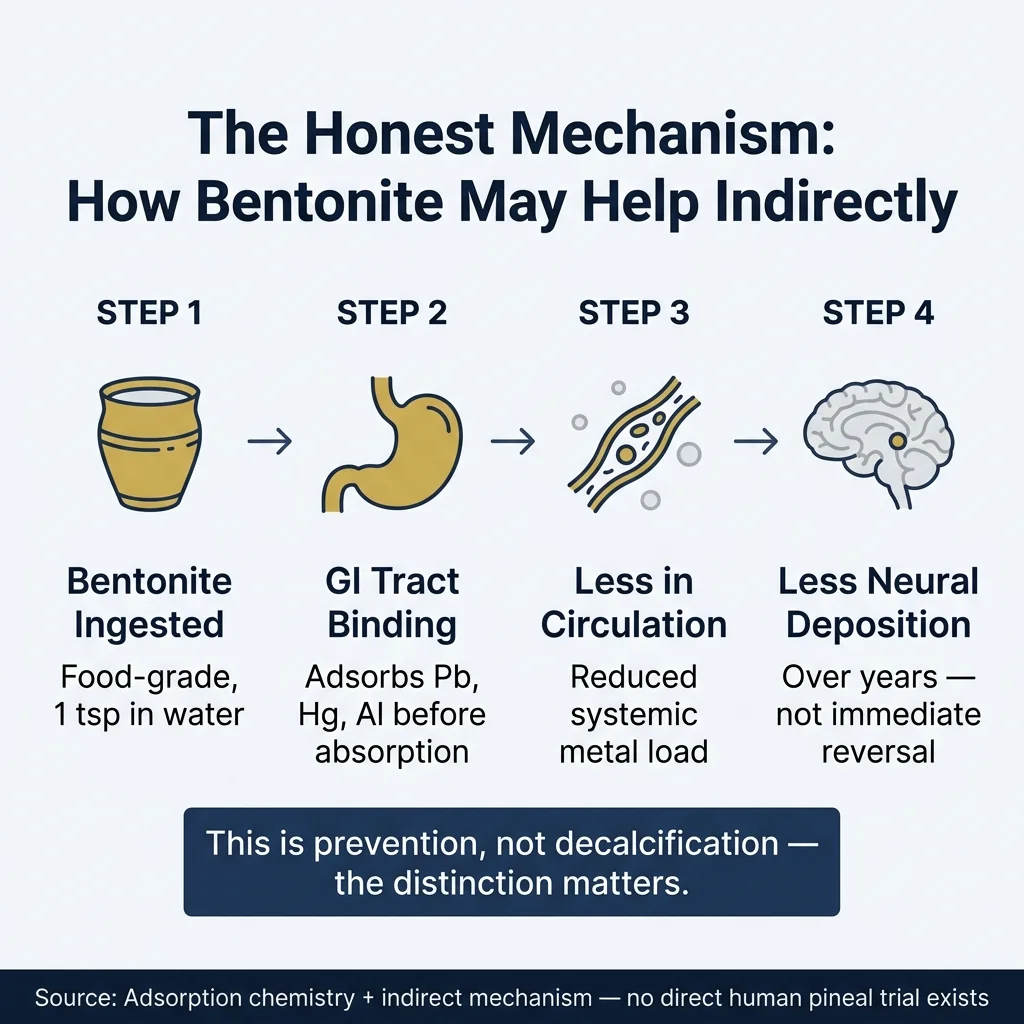 Infographic showing the heavy metal prevention chain: bentonite clay binds lead and aluminum in the gut before they enter circulation and reach pineal neural tissue