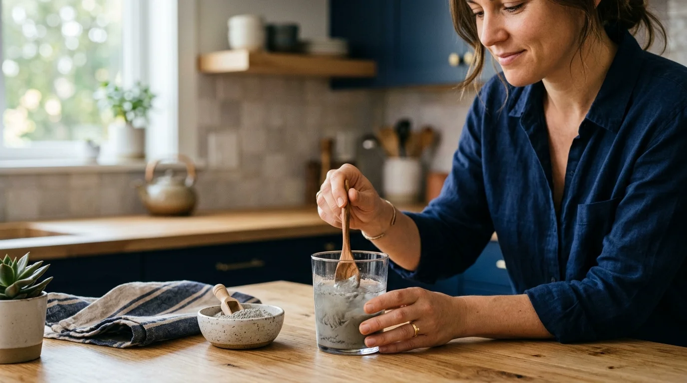 Bentonite clay oral protocol setup: glass of water, non-metal spoon, food-grade calcium bentonite powder with timing guidelines