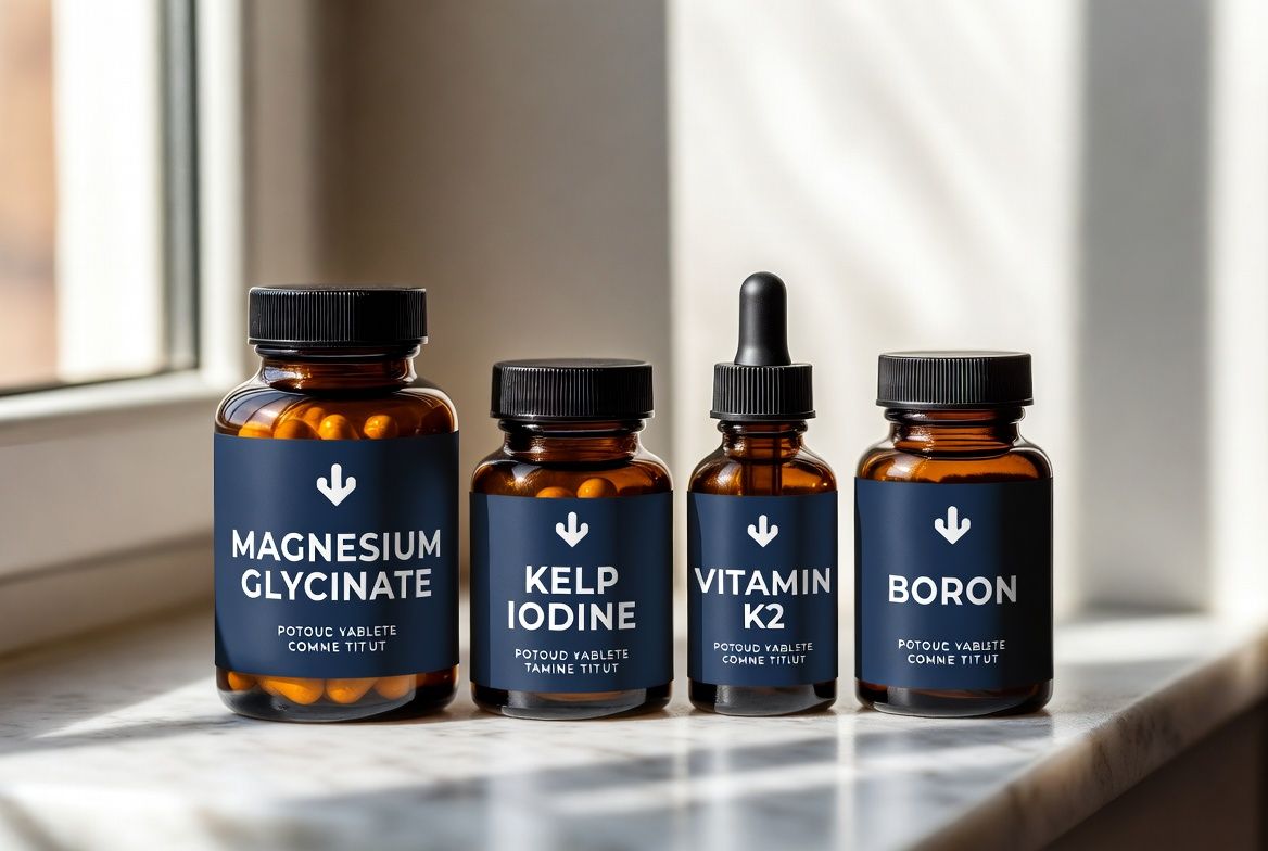 Four amber supplement bottles arranged on white marble with morning sunlight — magnesium, iodine, K2, and boron for pineal decalcification