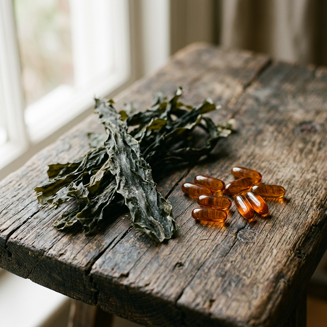 Raw dried kelp and amber iodine capsules on a wooden surface — natural iodine sources for pineal gland support