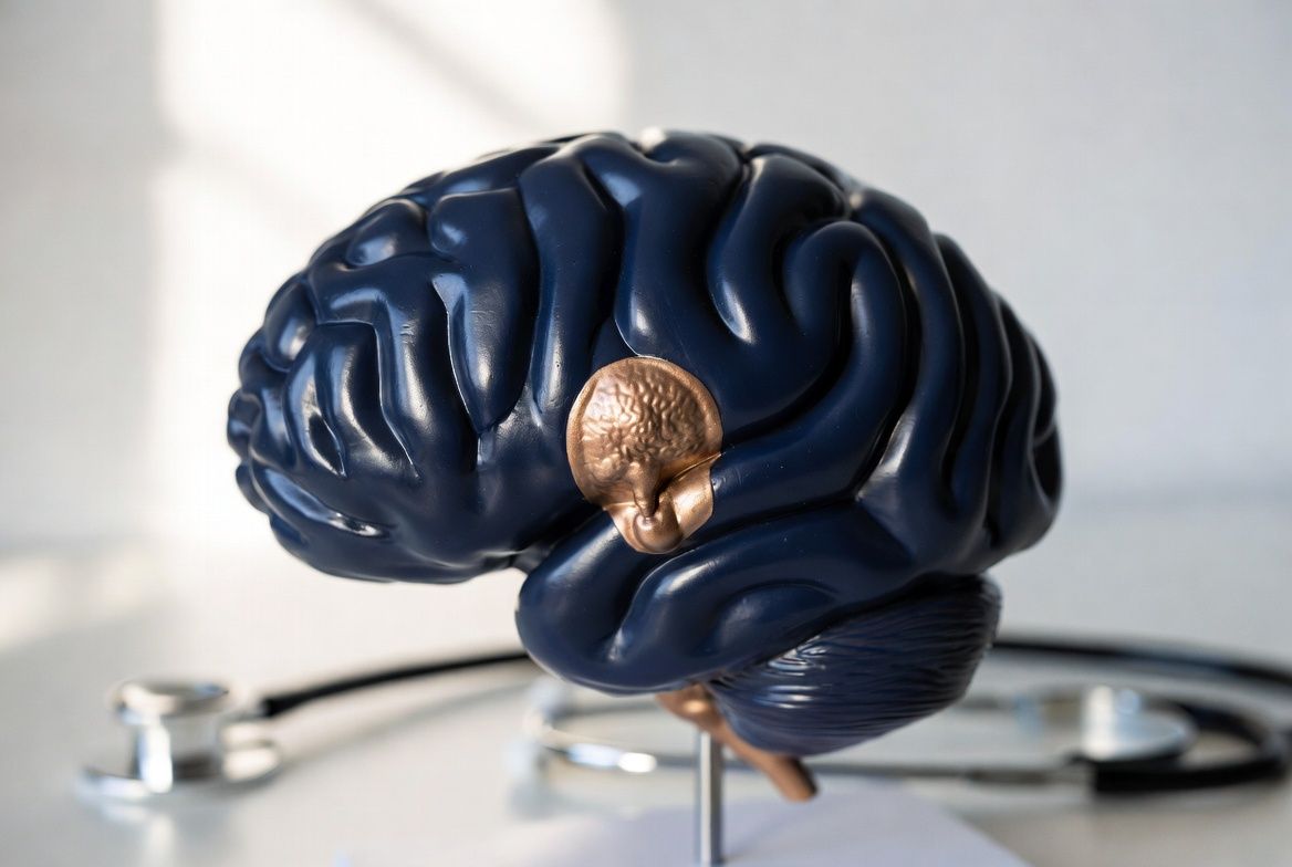 Anatomical model of human pineal gland on medical desk with stethoscope — understanding the science behind calcification