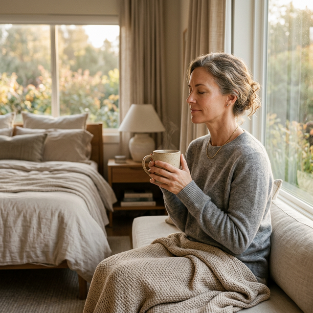Woman sitting peacefully by a window in the morning light — the downstream signal of better melatonin regulation