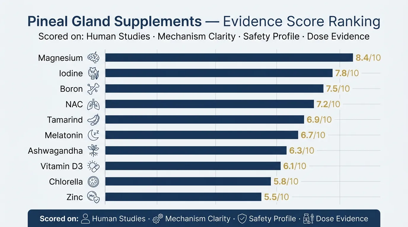 Chart showing pineal gland supplements ranked by evidence score from 8.4 to 5.5, with magnesium at top and zinc at bottom