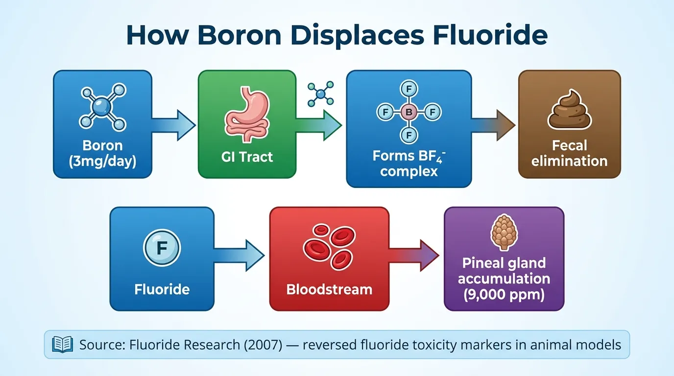 Diagram showing boron forming BF4 complexes with fluoride in GI tract, facilitating fecal elimination before systemic absorption