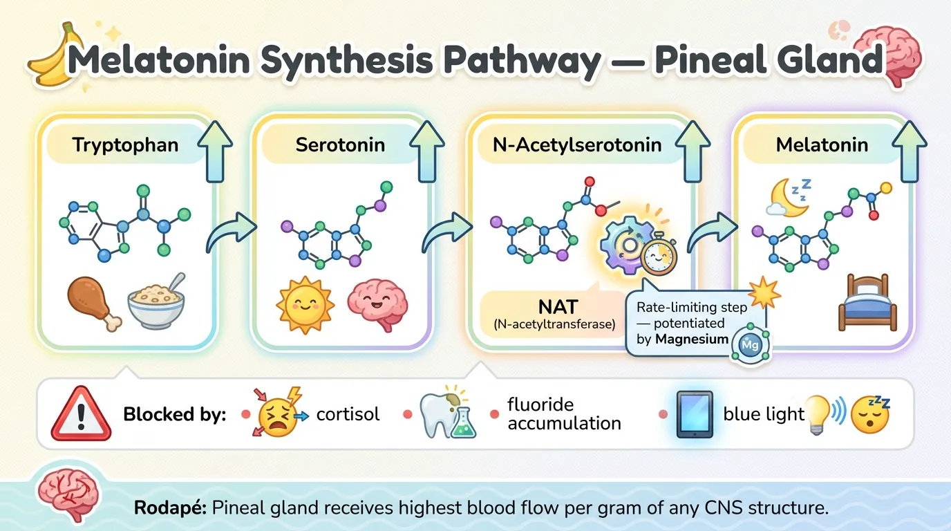Diagram of melatonin synthesis pathway in pineal gland: tryptophan to serotonin to N-acetylserotonin to melatonin, with NAT enzyme as rate-limiting step