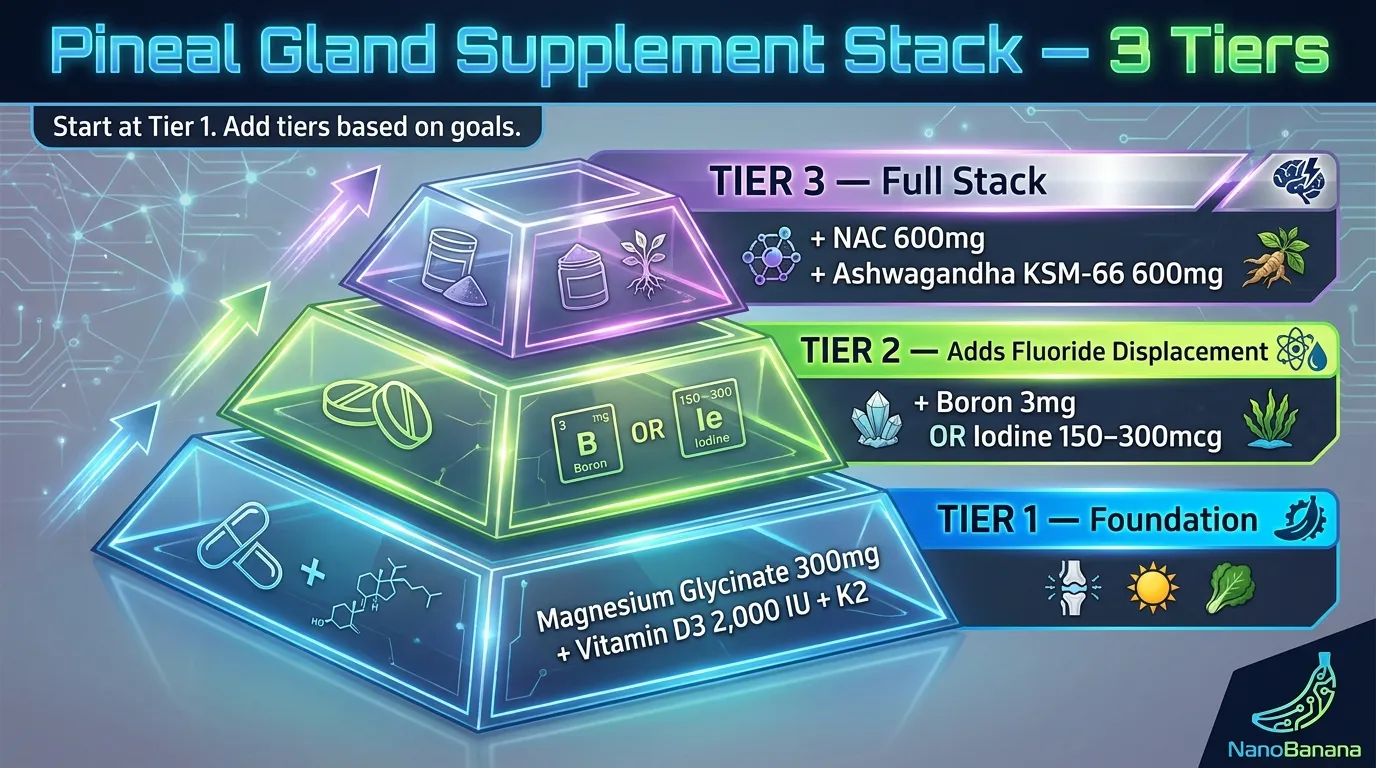 Three-tier pineal gland supplement stack protocol: Tier 1 foundation (magnesium, D3), Tier 2 adds fluoride displacement, Tier 3 adds NAC and ashwagandha