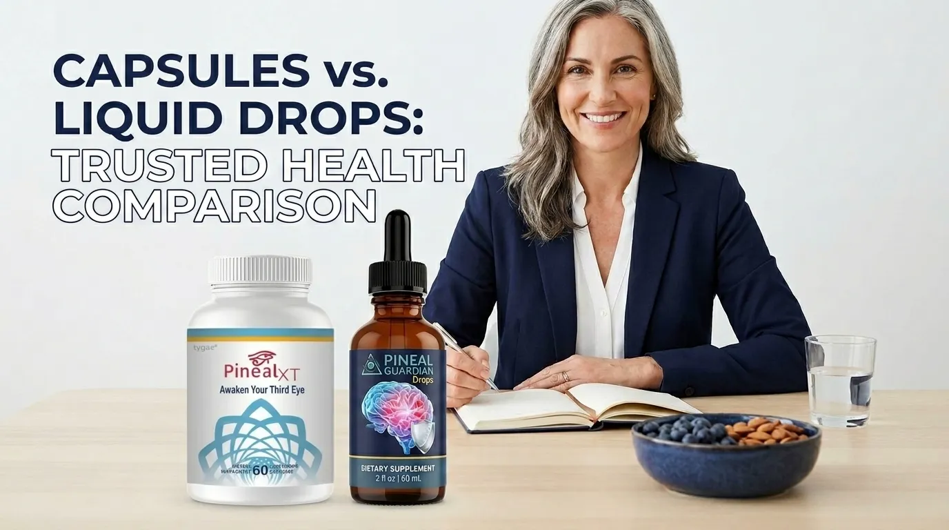 Side by side comparison of Pineal XT capsules and Pineal Guardian liquid drops showing different formulation approaches for pineal gland support
