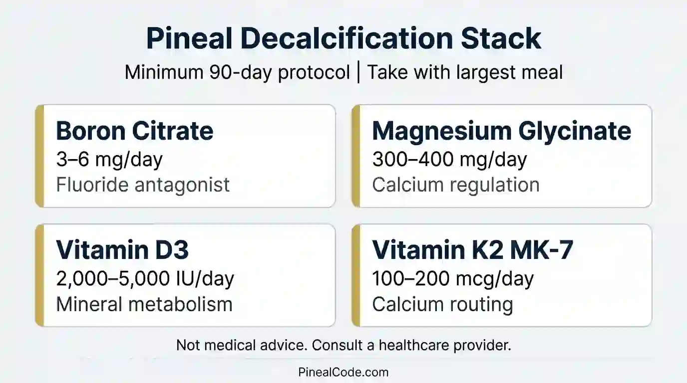 Pineal gland decalcification supplement stack showing boron, magnesium glycinate, vitamin D3 and K2 daily protocol