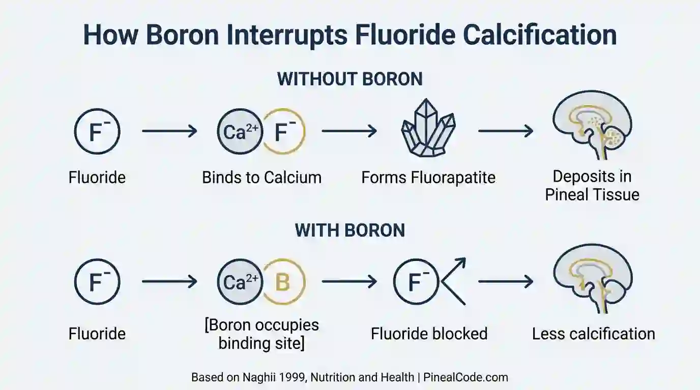 Diagram showing boron competing with fluoride to prevent fluorapatite crystal formation in soft tissue and pineal gland