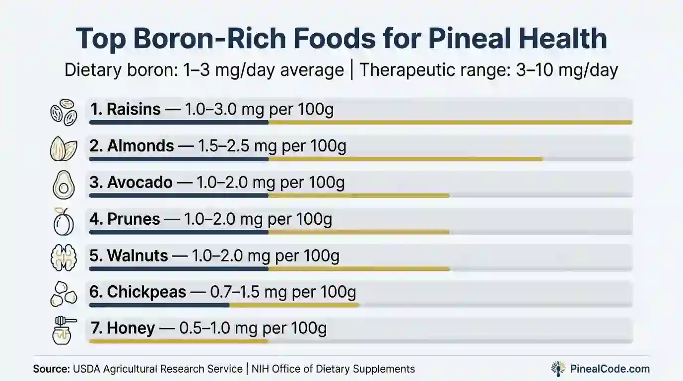 Infographic showing boron content in common foods including raisins, almonds, avocado and walnuts for pineal gland health
