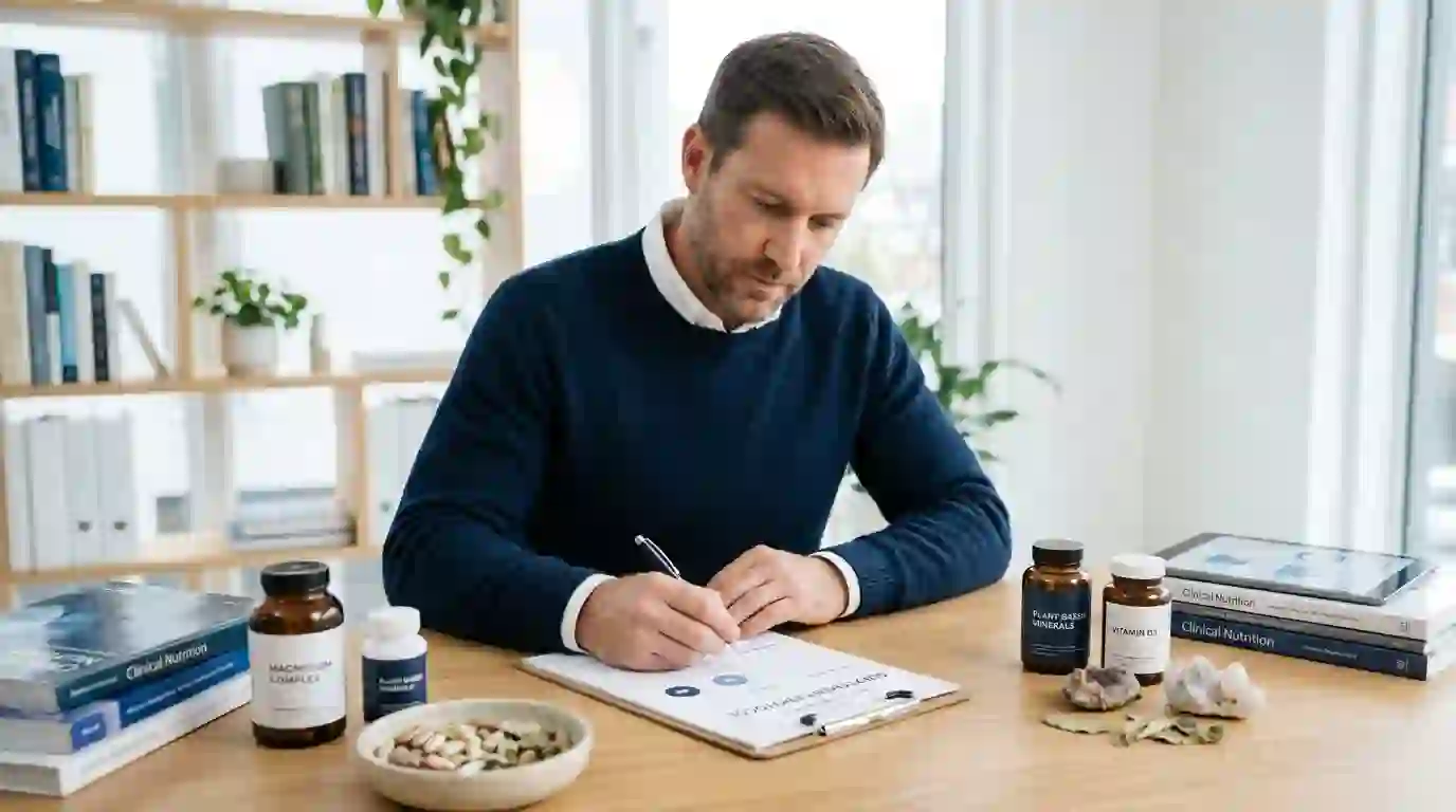 Man reviewing supplement protocol at desk with natural supplements including boron and magnesium for pineal health