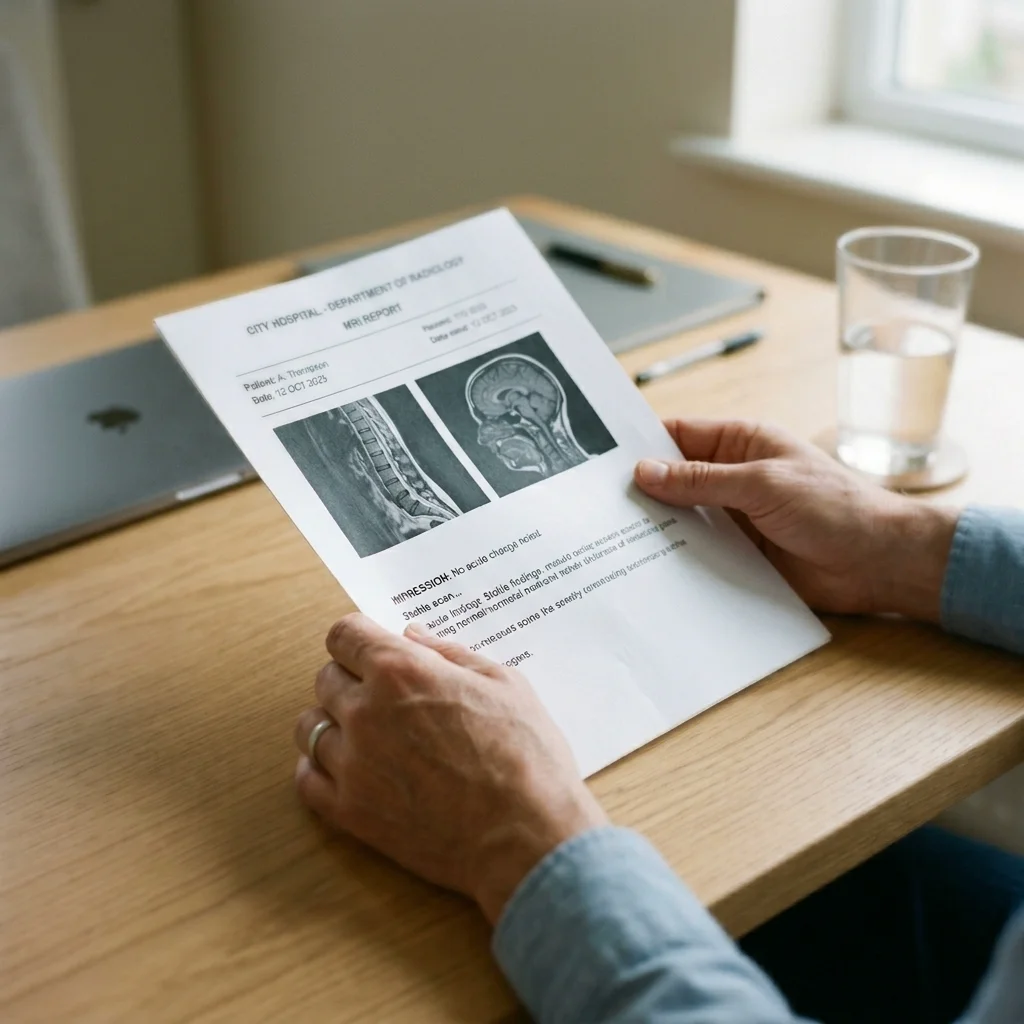 Hands holding a printed MRI report on a clean desk — patient receiving radiology results without context or explanation