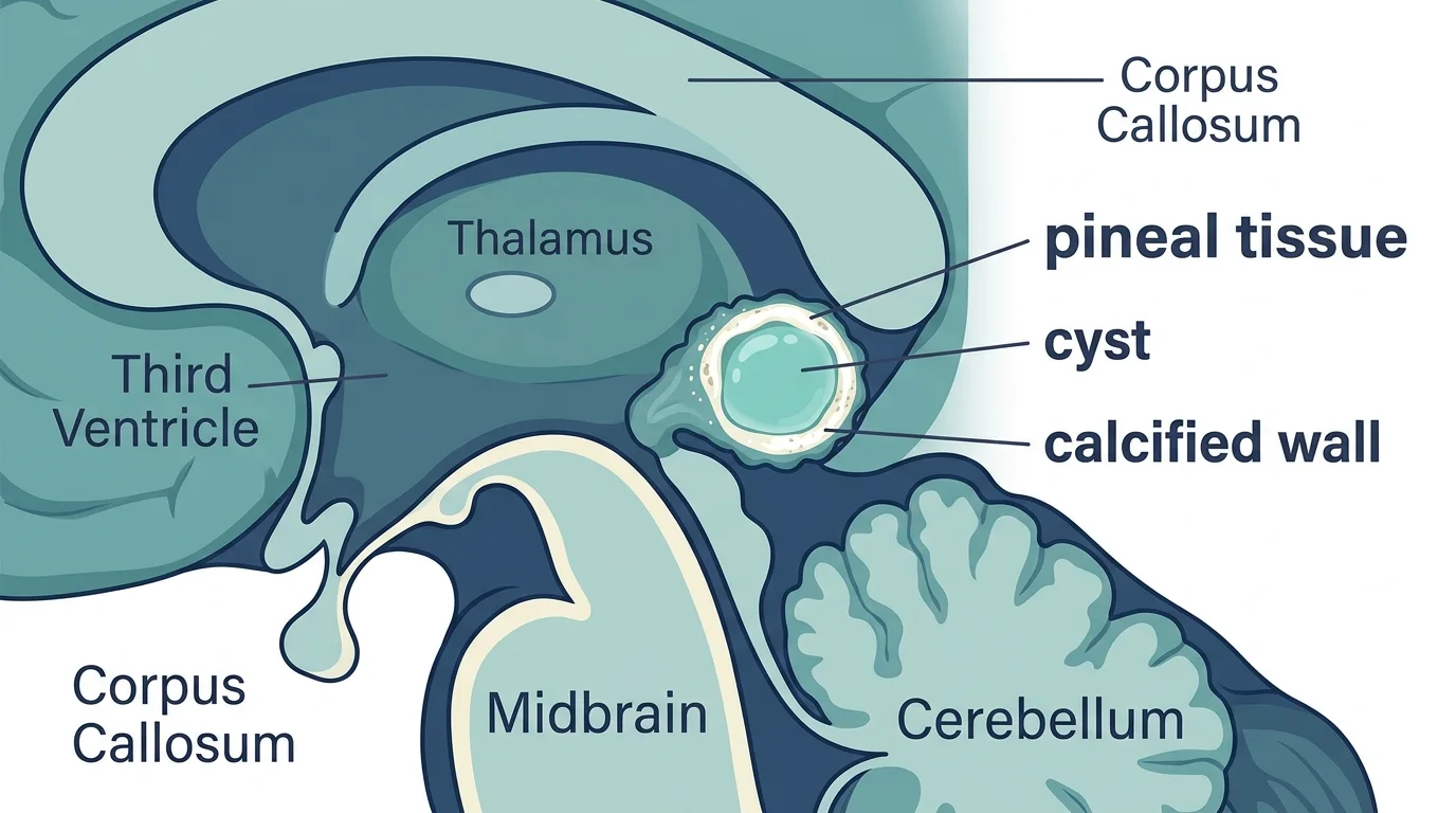 Medical cross-section diagram of the pineal gland showing a fluid-filled cyst with a calcified outer wall — the cause of rim calcification on MRI