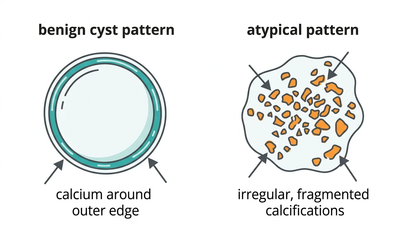 Medical diagram comparing rim calcification pattern (benign cyst) versus scattered exploded calcification pattern (atypical) in pineal gland