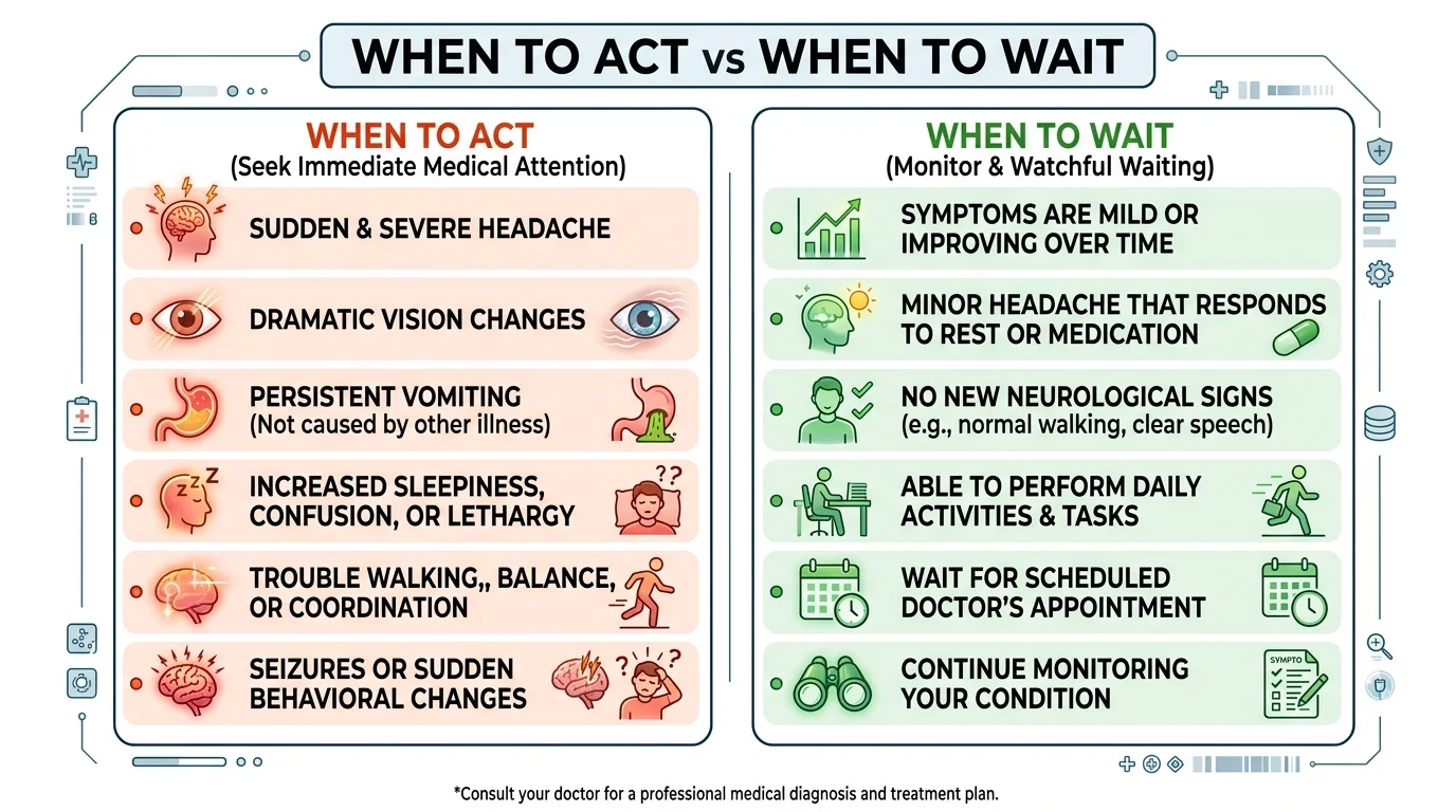 Checklist infographic: When to Act versus When to Wait for pineal gland findings on MRI — red flags versus watchful waiting criteria