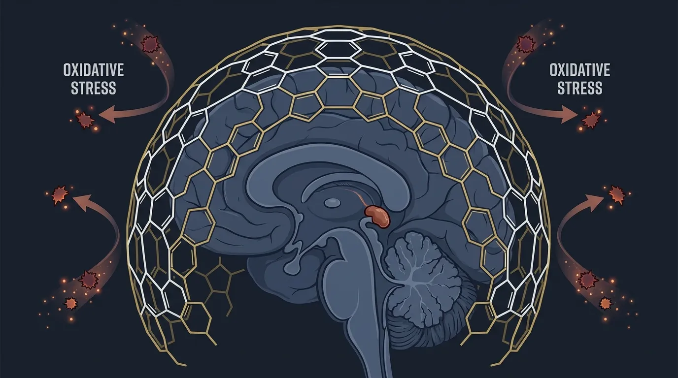 Scientific illustration of pineal gland surrounded by molecular antioxidant shield — C60 oxidative stress protection concept