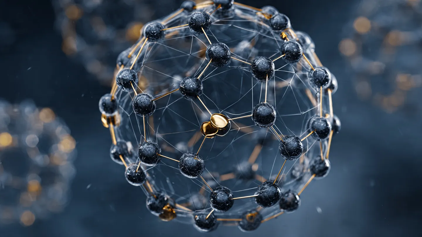 Editorial illustration of C60 buckminsterfullerene molecule protecting pineal gland cells from oxidative stress and calcification