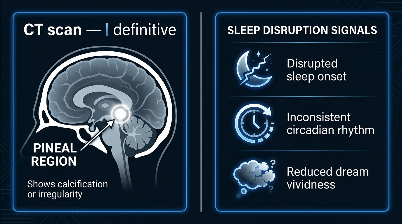 Infographic showing how to assess pineal calcification without a CT scan: sleep onset disruption, inconsistent circadian rhythms, reduced dream vividness — alongside a simplified CT scan illustration showing visible pineal deposits