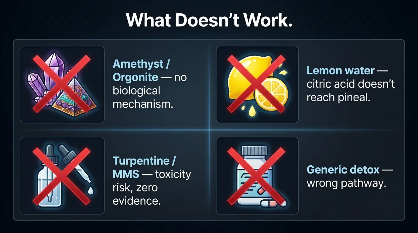 Infographic debunking four common pineal decalcification myths: amethyst crystals (no mechanism), lemon water (pH doesn't reach pineal), turpentine and MMS (no evidence, active toxicity risk), generic detox supplements (wrong pathway)