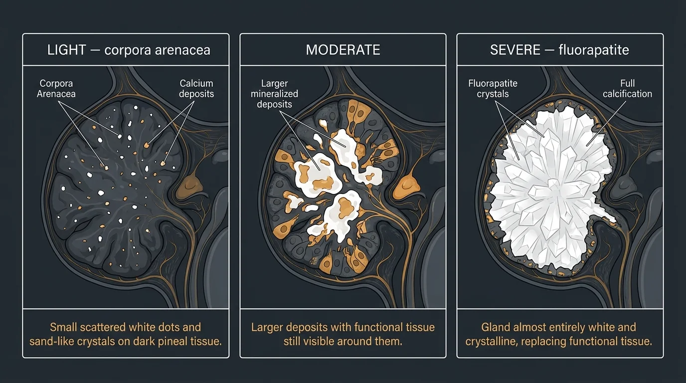 Diagram comparing three types of pineal calcification: light corpora arenacea (hydroxyapatite, biologically responsive), moderate calcification (functional tissue present), and severe fluorapatite deposits (most resistant to reversal)