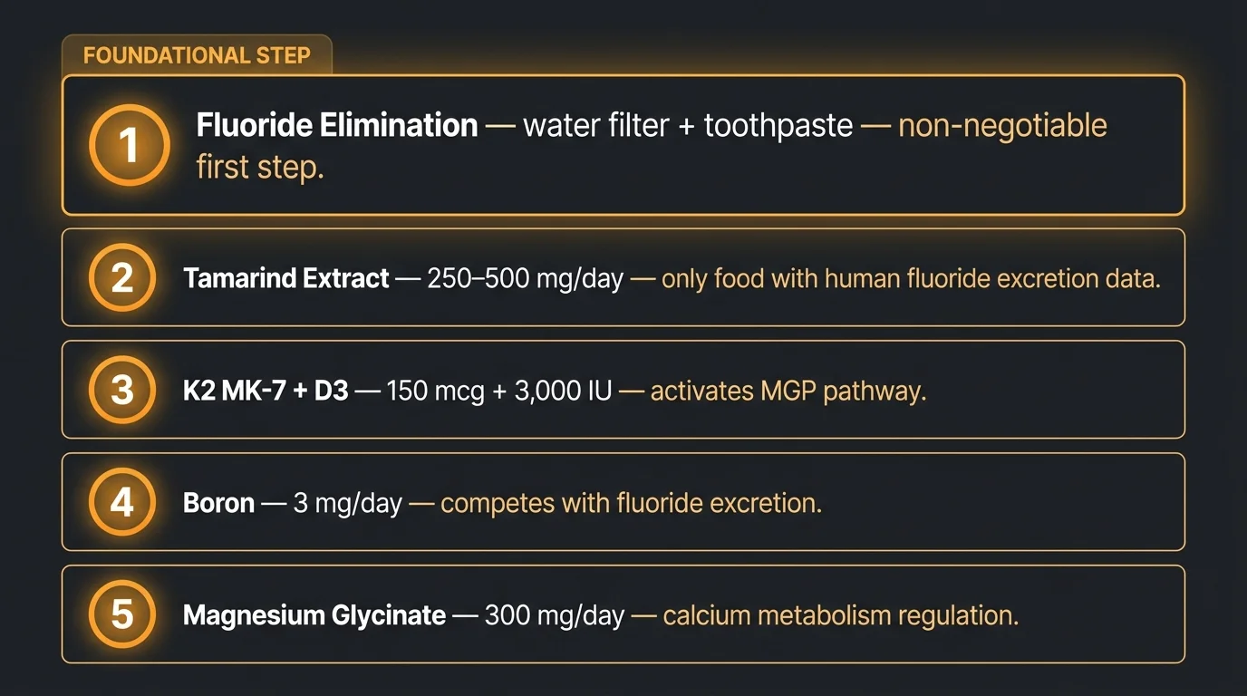 Five-ingredient evidence-ranked decalcification protocol: 1 fluoride elimination foundational step, 2 tamarind extract 250-500mg only food with human fluoride excretion data, 3 K2 MK-7 150mcg plus D3 3000 IU for MGP pathway, 4 boron 3mg for fluoride excretion competition, 5 magnesium glycinate 300mg for calcium metabolism regulation