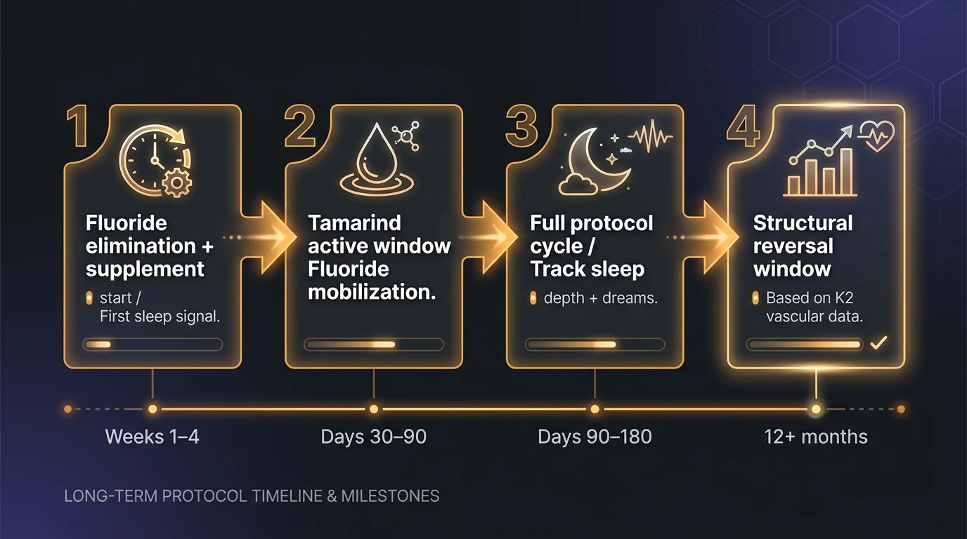 Four-stage decalcification timeline: Stage 1 Weeks 1-4 fluoride elimination and supplement start; Stage 2 Days 30-90 active fluoride mobilization via tamarind; Stage 3 Days 90-180 full protocol cycle with sleep tracking; Stage 4 12 plus months structural mineral reversal window based on K2 vascular data