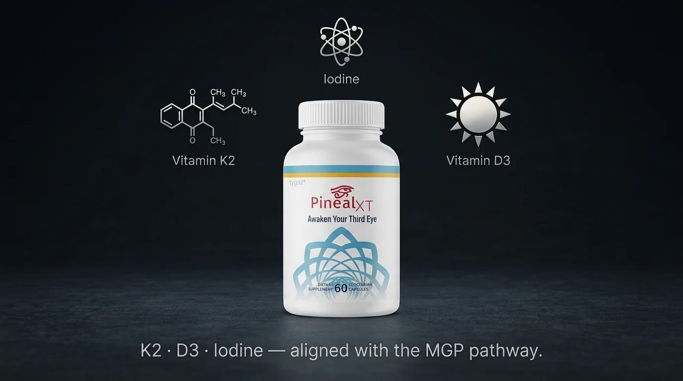 Pineal XT supplement bottle with key ingredients K2 and D3 highlighted, aligned with the evidence-based decalcification protocol reviewed in this article