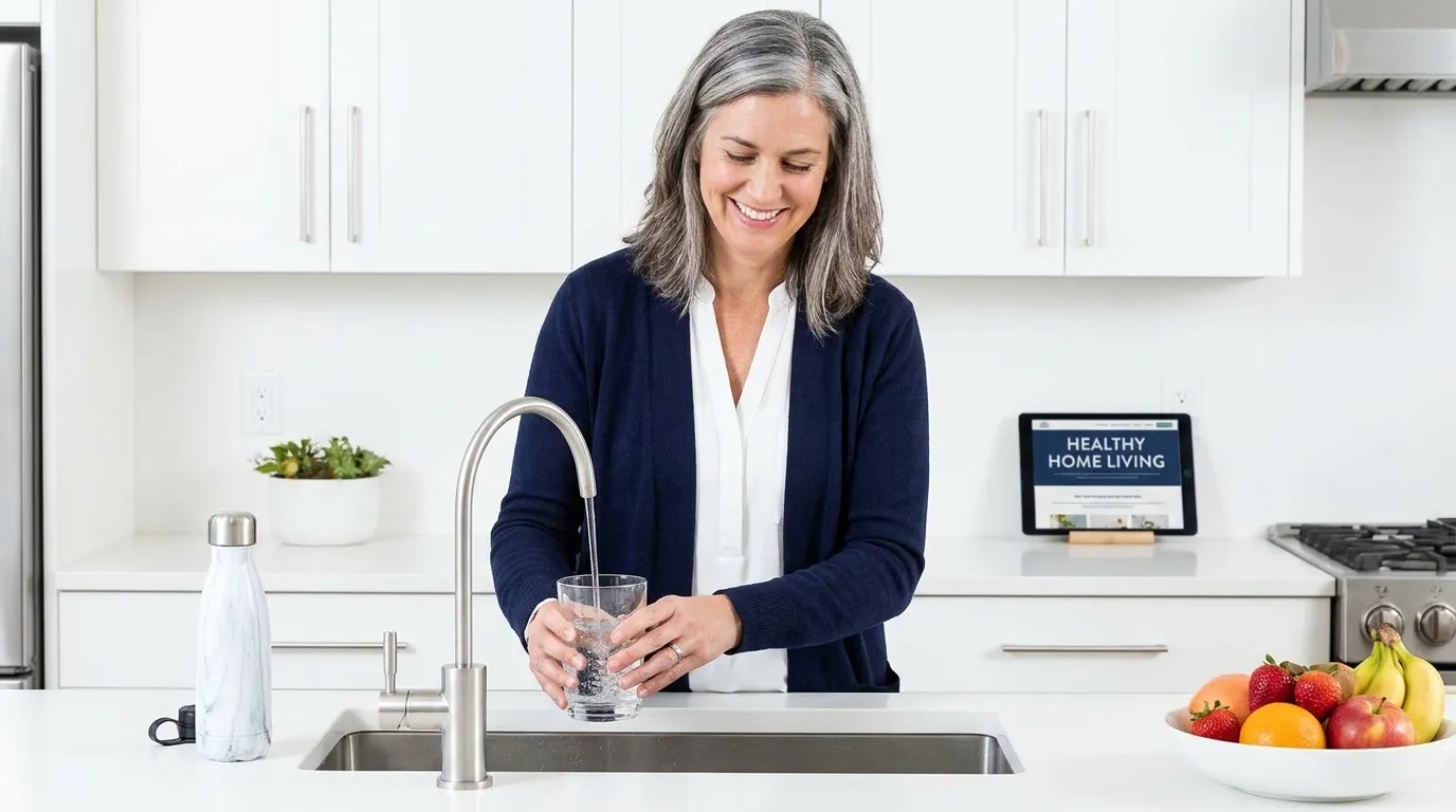 Person using reverse osmosis water filter at home as practical fluoride reduction strategy for pineal gland health