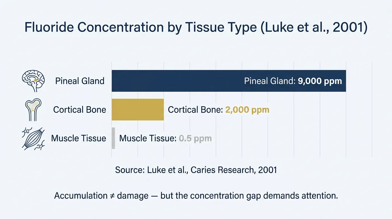 Bar chart comparing fluoride concentration in human tissue: pineal gland at 9,000 ppm vs cortical bone at 2,000 ppm vs muscle at 0.5 ppm, based on Luke et al. 2001
