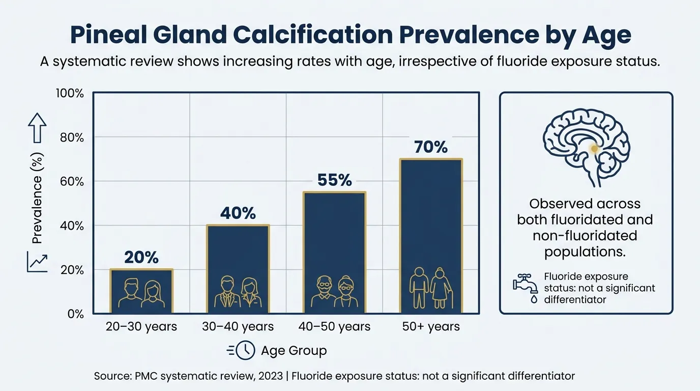 Infographic showing that 50-70% of adults have detectable pineal gland calcification on CT scans, across both fluoridated and non-fluoridated populations
