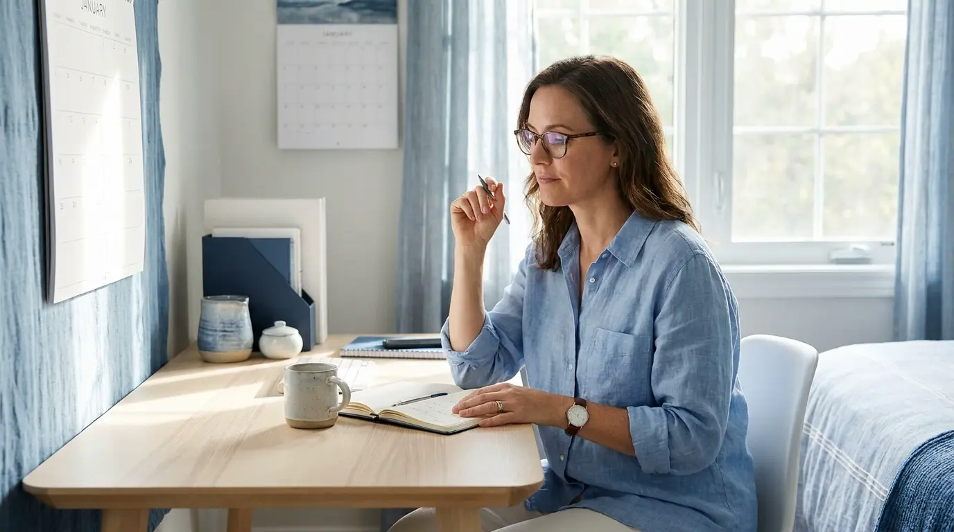 Person reviewing pineal gland decalcification protocol in health journal, morning light, editorial photography