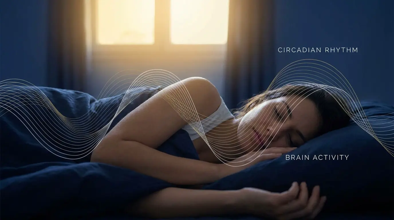 Person in deep sleep with circadian rhythm visualization, pineal gland health recovery concept, editorial style