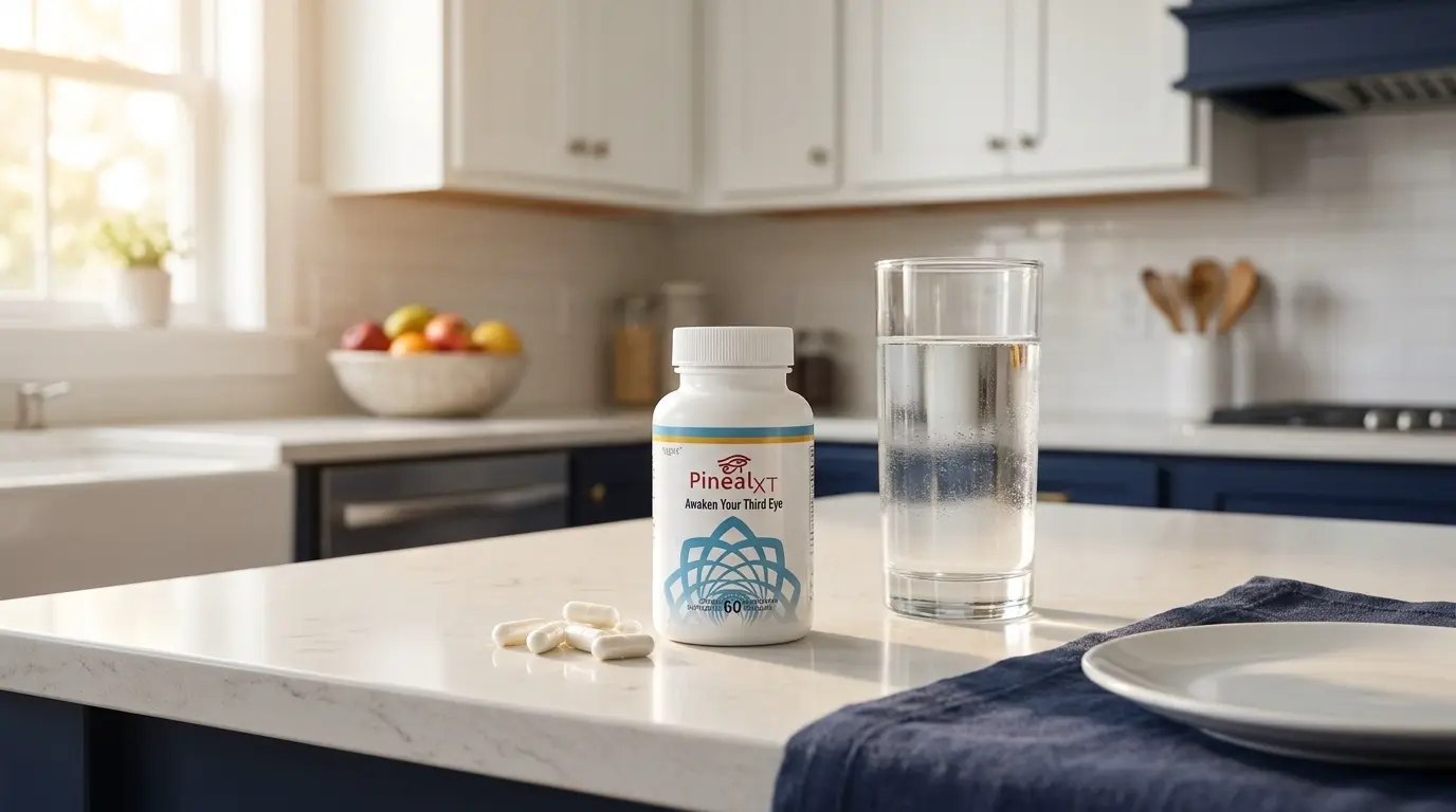 Supplement capsules beside filtered water glass in clean morning routine setting, health blog editorial style