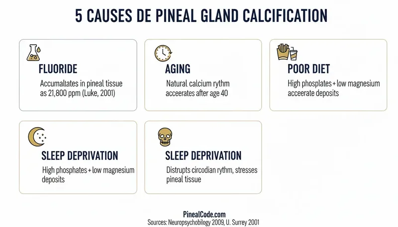 Infographic showing the main causes of pineal gland calcification including fluoride, aging, diet and sleep deprivation