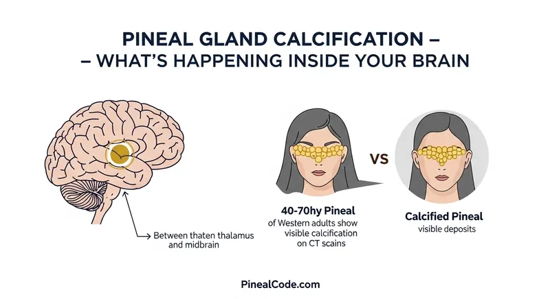 Anatomical diagram showing pineal gland location in the brain and calcium deposit accumulation process