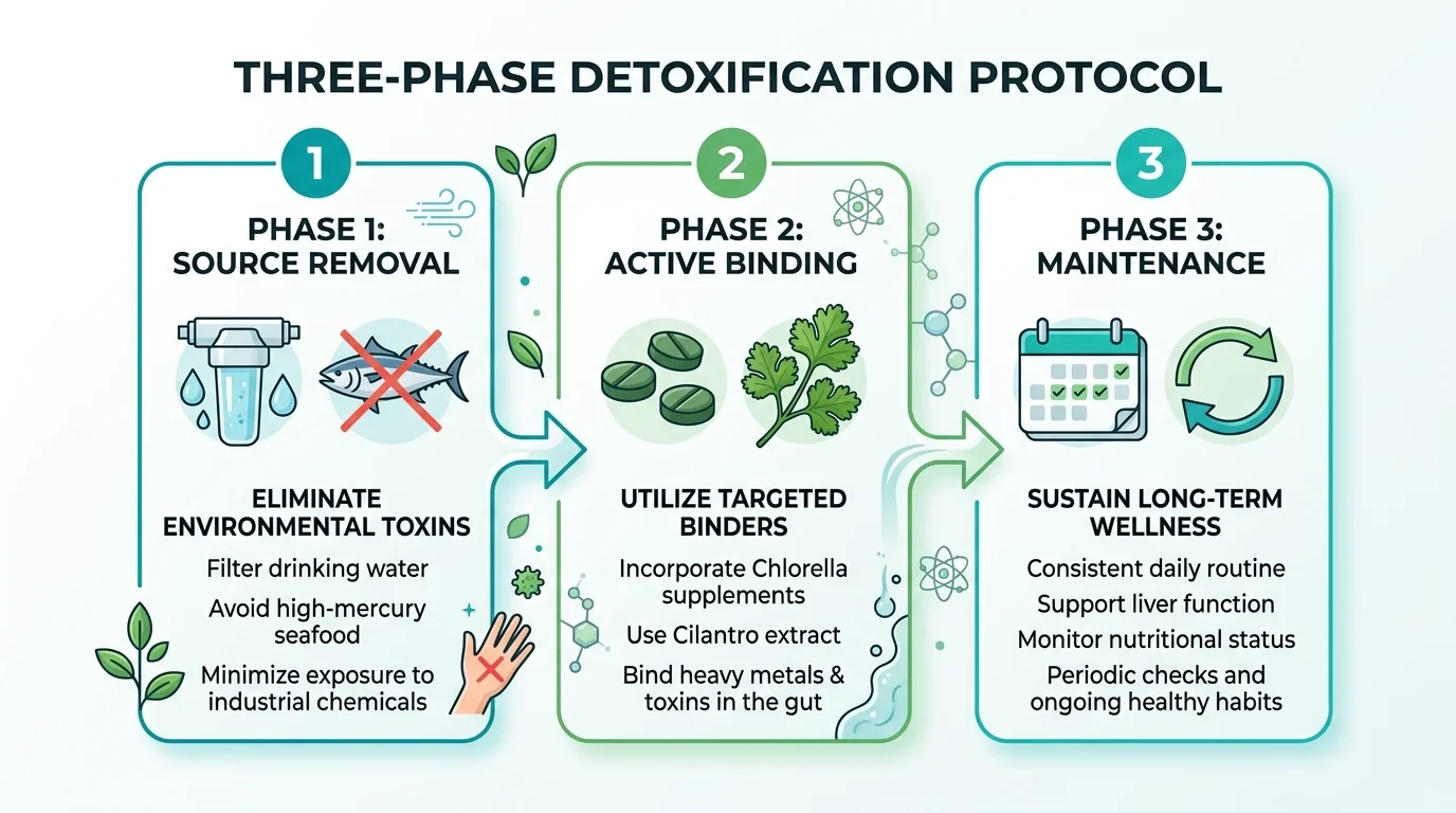 Three-phase infographic: Phase 1 source removal, Phase 2 active binding with chlorella and cilantro, Phase 3 maintenance protocol