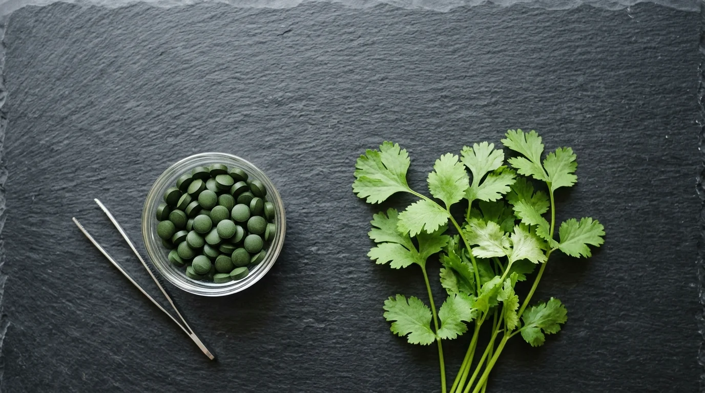 Food-science flat-lay of chlorella tablets and fresh cilantro sprigs on dark slate — the two most-studied natural heavy metal binders used together