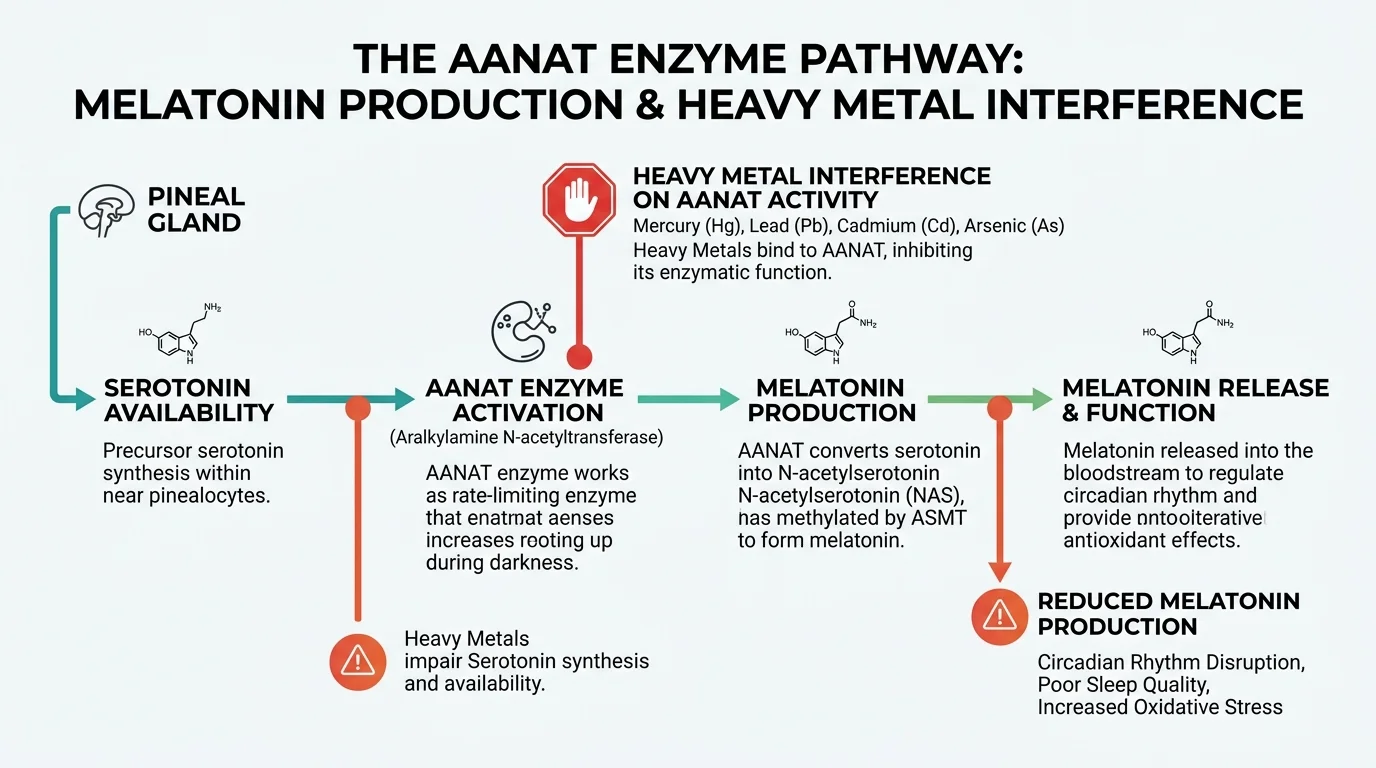Infographic showing AANAT enzyme pathway from pineal gland to melatonin production with heavy metal interference points marked