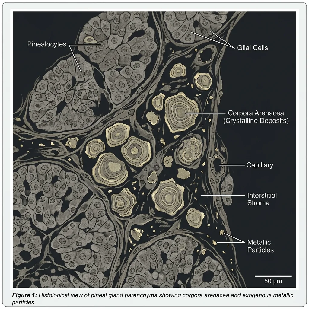 Microscopic view of pineal gland tissue showing crystalline deposits and heavy metal accumulation in calcified regions