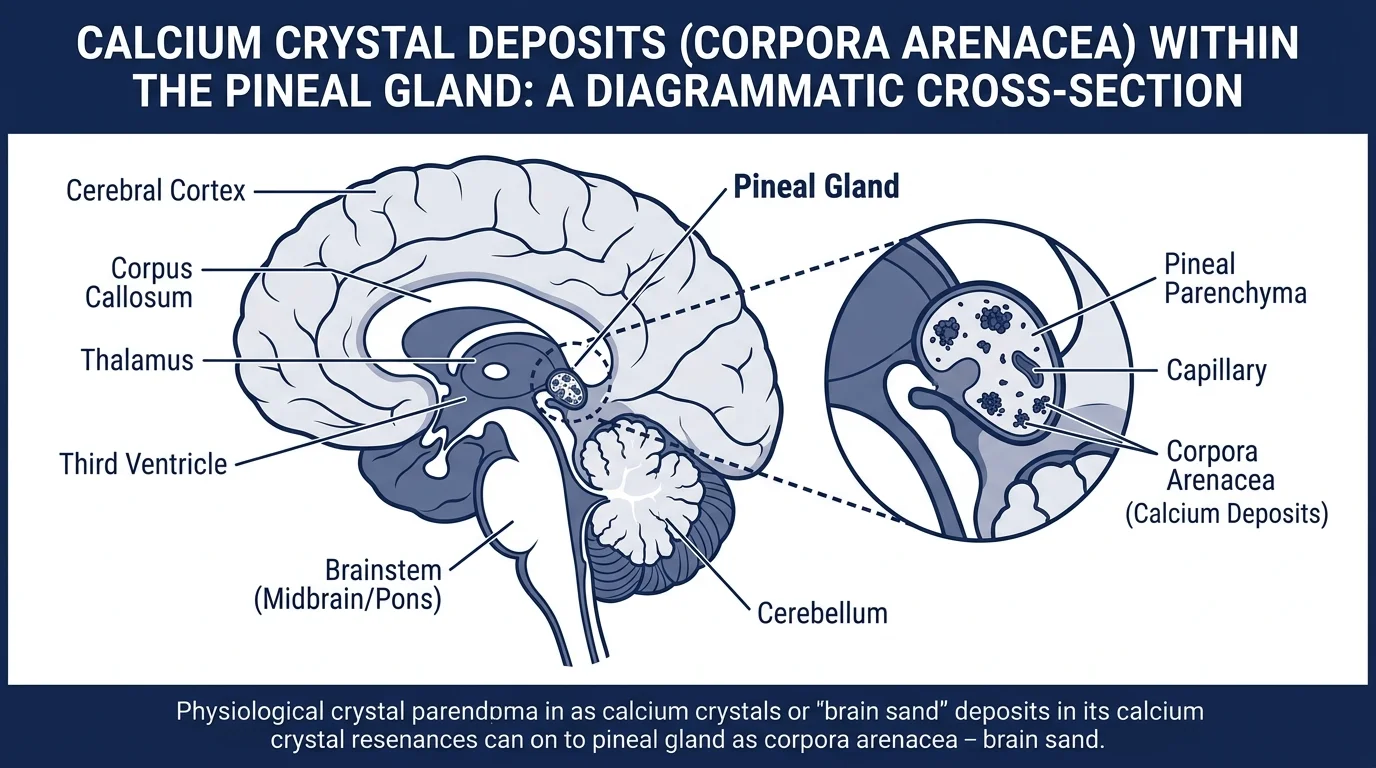 Corpora arenacea calcium crystal deposits forming in pineal gland tissue — calcification mechanism diagram