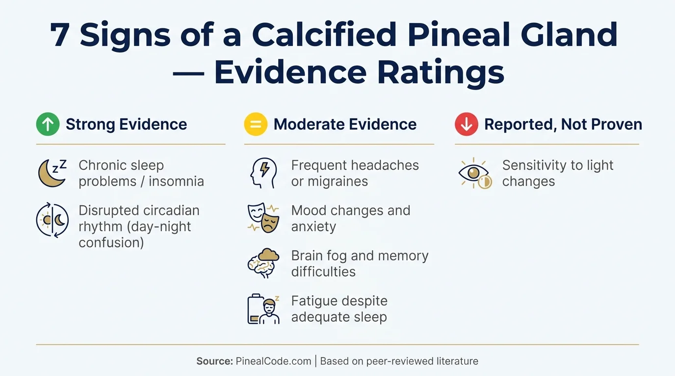 Infographic: 7 signs of calcified pineal gland rated by scientific evidence strength
